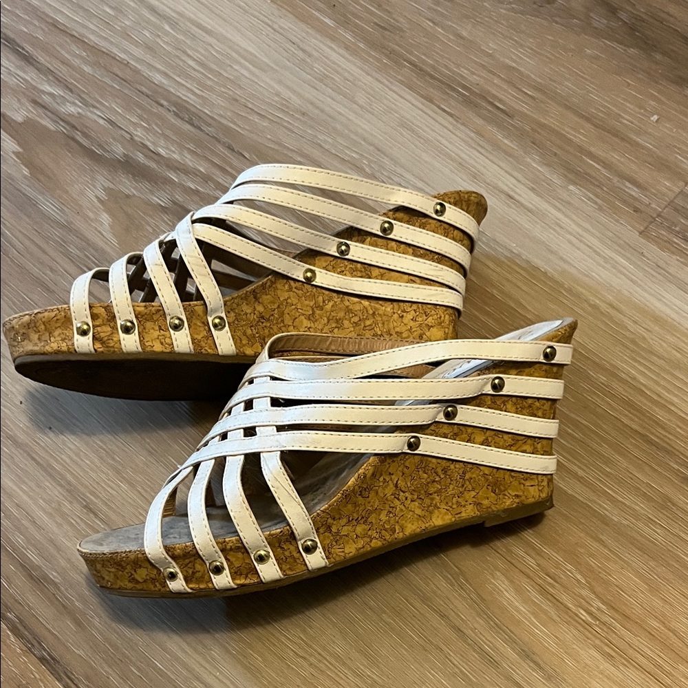Forever 21 White Strappy Cork Wedges